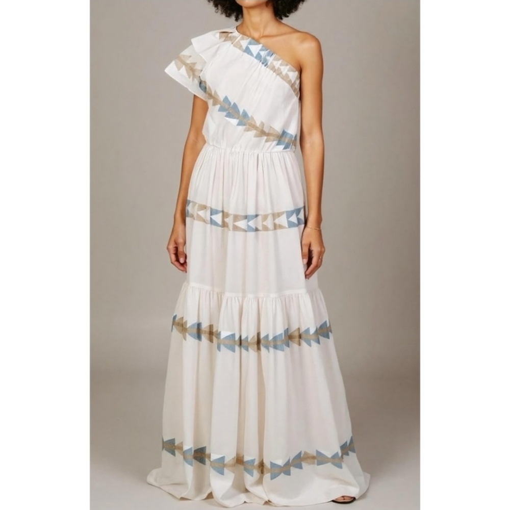 Mirth Paros One Shoulder Maxi Dress in White and Tan Wedding guest Size Large - Picture 2 of 16